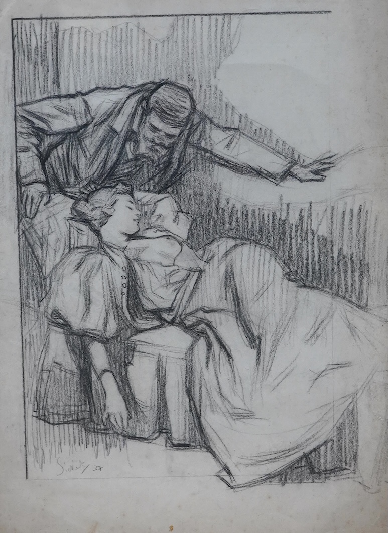 Circle of Walter Sickert RA, RBA (1860-1942), charcoal, study of a reclining woman and gentleman in an interior, bears signature and date '37, 41 x 30cm, ornately framed. Condition - fair